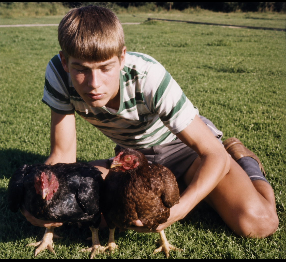 A young Hennie Haasbroek kneeling on grass holding a pair of Indian Game fowl